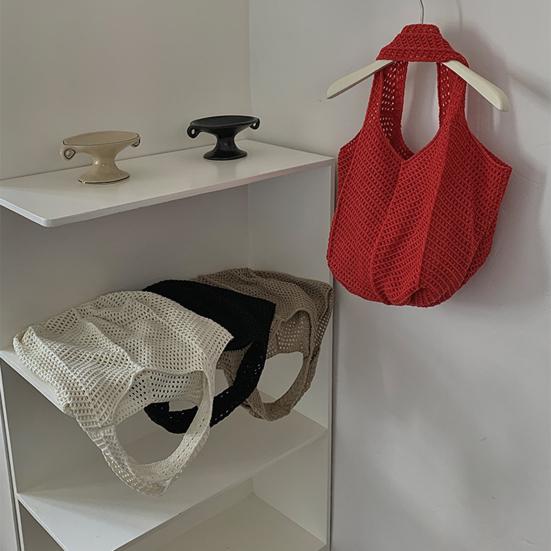 Knitted Handbag with Convenient Structure Solid Color Spacious Beach Bag Exotic Vacation Roomy Tote Bag