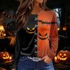 Women's Long Sleeve Round Neck Top with Halloween Print and Side Split Hem