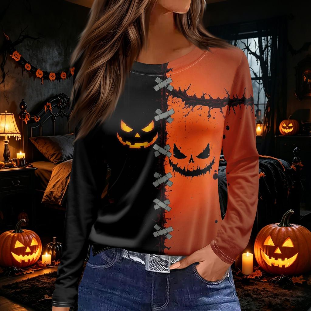 Women's Long Sleeve Round Neck Top with Halloween Print and Side Split Hem