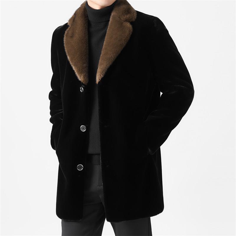 Men's Mid-Length Wool Coat with Faux Mink Fur Lapel - Fashionable, Casual, and Warm Dad's Wear