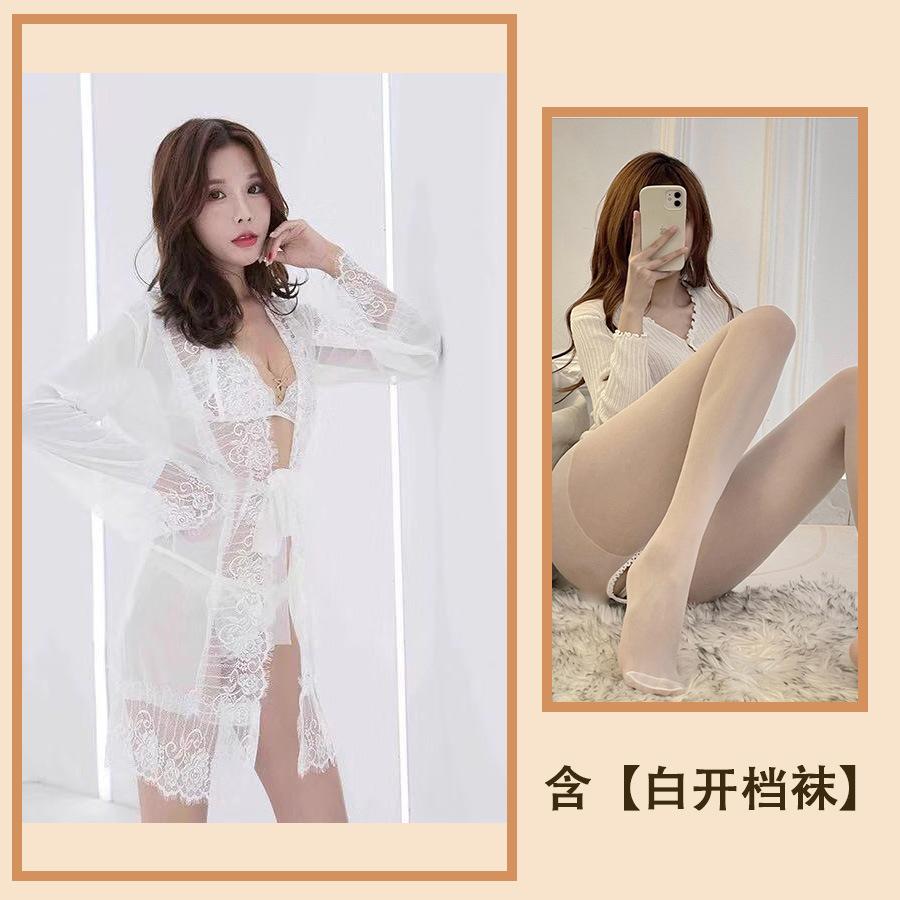 Sexy spodní prádlo Sexy dámské síťované krajkové, Sukně Průsvitné pyžamo Dámský otevřený rozkrok Horký kabát Třídílný oblek