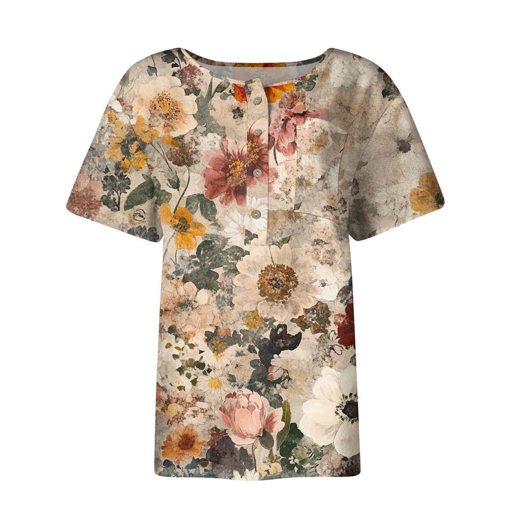 Women's Fashion Casual Short Sleeve Print Round Neck Pullover Top Blouse