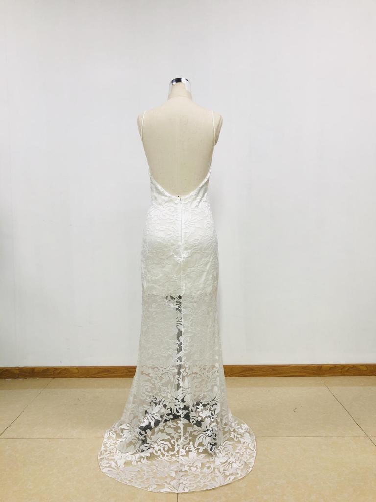 Europäisches & Amerikanisches Sexy Spaghetti-Träger Mesh Stickerei Rückenfreies Abendkleid für Damen