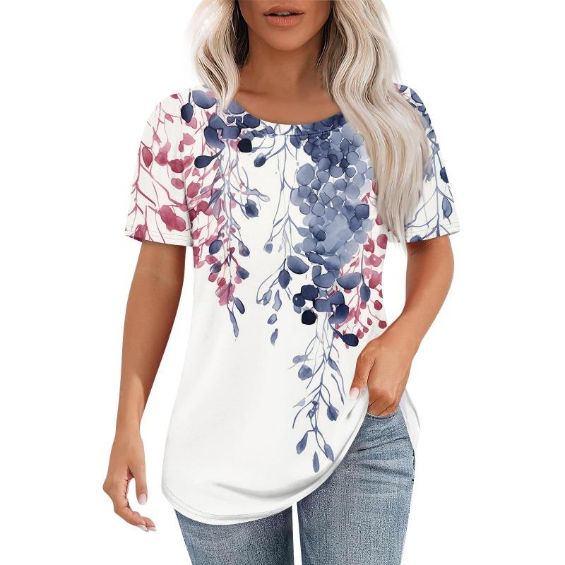 

Женская повседневная универсальная высококачественная футболка с коротким рукавом и круглым вырезом с цветочным узором 6xl