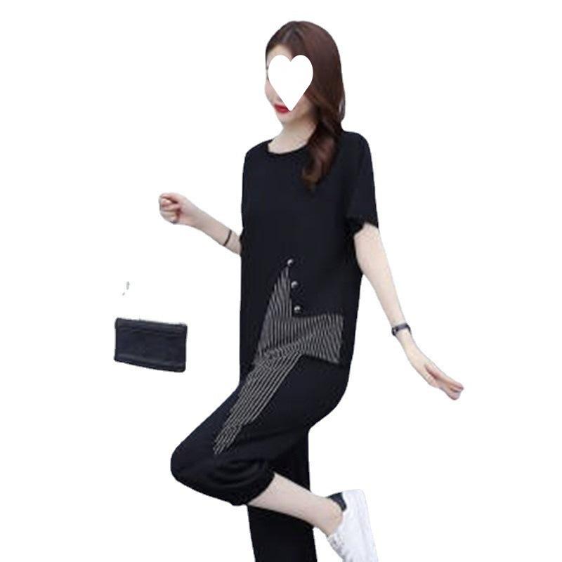 Trendy Casual Sports Suit for Women, Loose Plus Size Women's Slimming Summer Dress, Short-sleeved Women's Cropped Pants Two-piece Set
