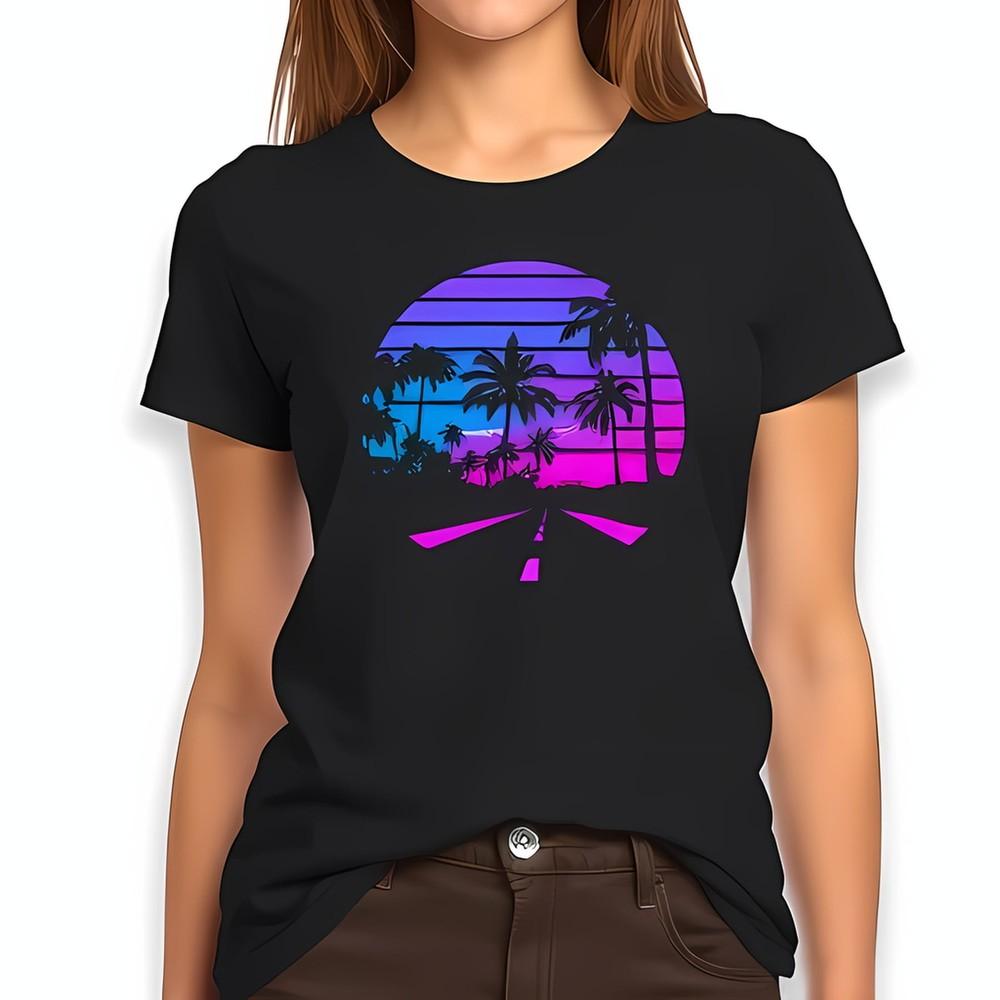 

Retro 80s Black TShirt with Sunset and Trees Casual Vintage Style Unisex T-Shirt XXXXL