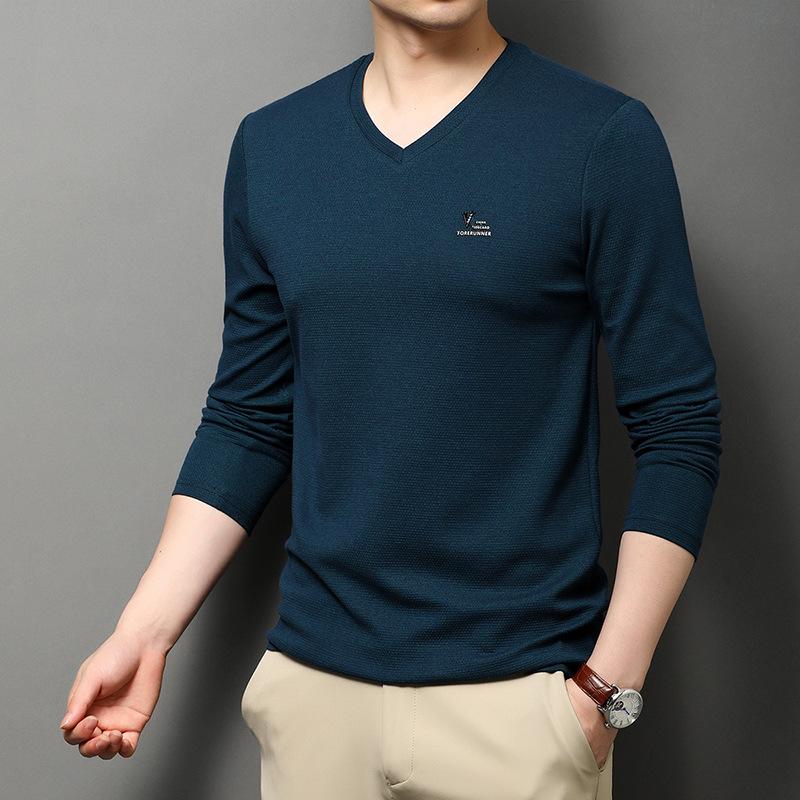 Spring New Cotton Sweetheart V-neck Long-sleeved T-shirt Men's Fashion Korean Style Casual Loose Men's Bottoming Shirt