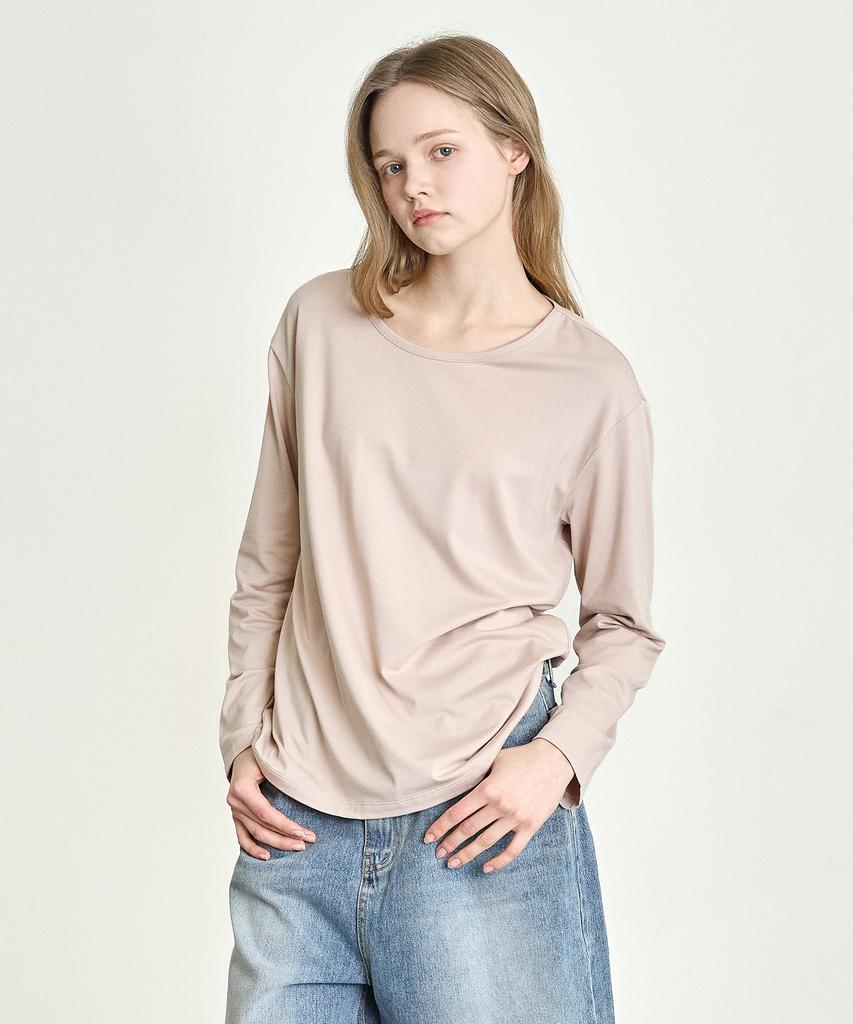 BASIC HOUSE Women'S Flowy Spandex U-Neck Oversized Long Sleeve T-Shirt Dark Beige
