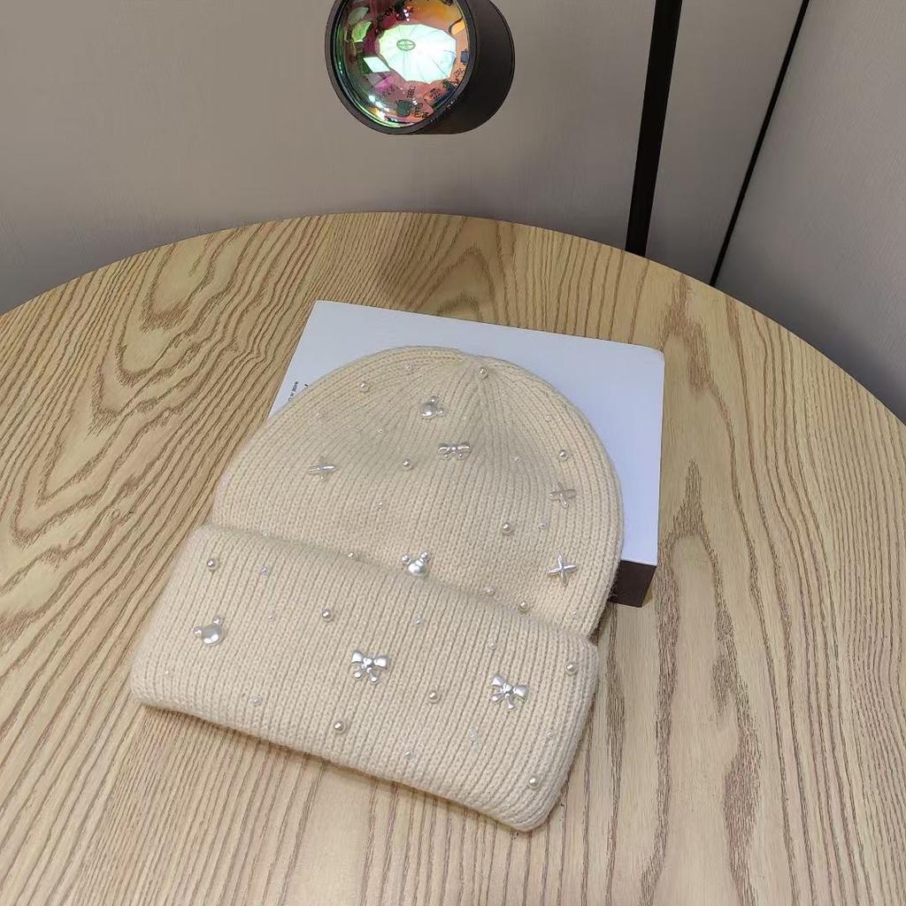 New Pearl Bow Light Luxury Wool Hat for Women with Big Head Circumference Showing Small Cold Protection Ear Protection Knit Hat for Women