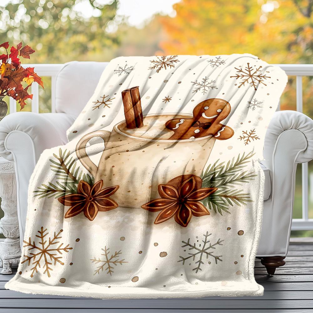 1PC Hot Chocolate Gingerbread manOutdoor Flannel Blanket - Soft Plush Decor for Picnics, Camping, Bedroom, Playroom, Office, or Lunch Break 1334A