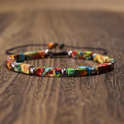 Handmade Natural Stone Bead Bracelet, Adjustable Square Design, Multi-Color Boho Style Bracelet