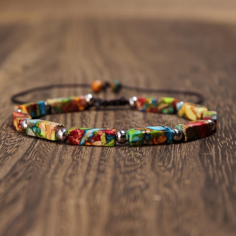Браслет из натуральных камней ручной работы, регулируемый, квадратный дизайн, разноцветный, в стиле бохо разноцветный