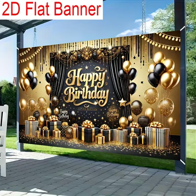 2D Happy Birthday Background Cloth Black Gold with Gift Boxes & Glitter Banner