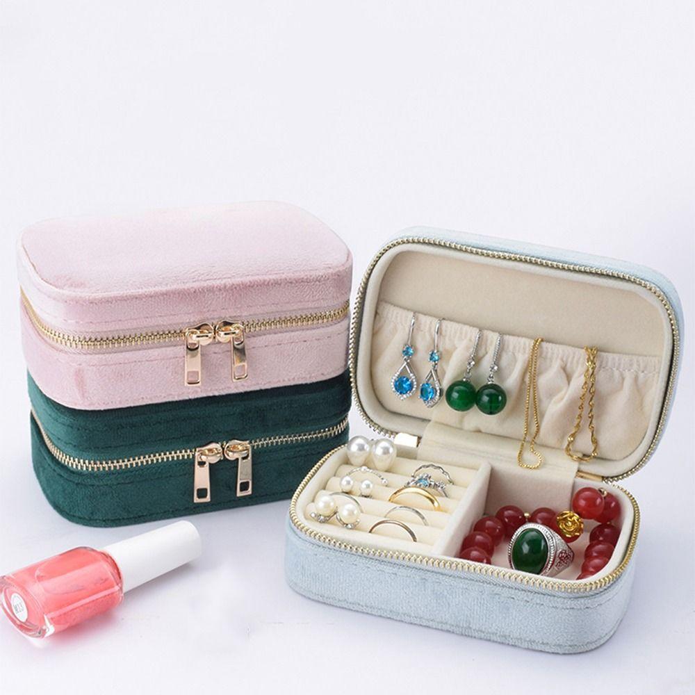 Zipper Closure Portable Jewelry Box Velvet Travel Jewelry Case Jewelry Accessories
