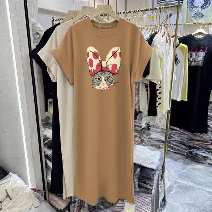 

Fun Printed New Short-sleeved T-shirt Dress for Women, Loose and Casual, Large-sized Small Flying Sleeve Slit Dress, Long Dress for Summer M хакі