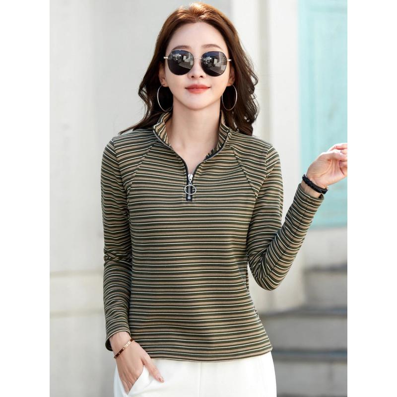 Herbst Reißverschluss Retro Gestreift Langarm Basic Shirt Schmale Passform Vielseitiges Lässiges Oberteil Damen Neues Modisches Oberteil