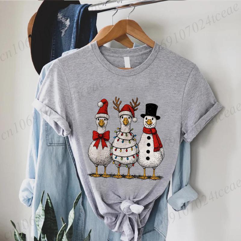 Vintage Christmas Goose Print Women's T-Shirts Clothing Crew Neck T-Shirt, Short Sleeve Casual Top Santa Goose Women's Clothing