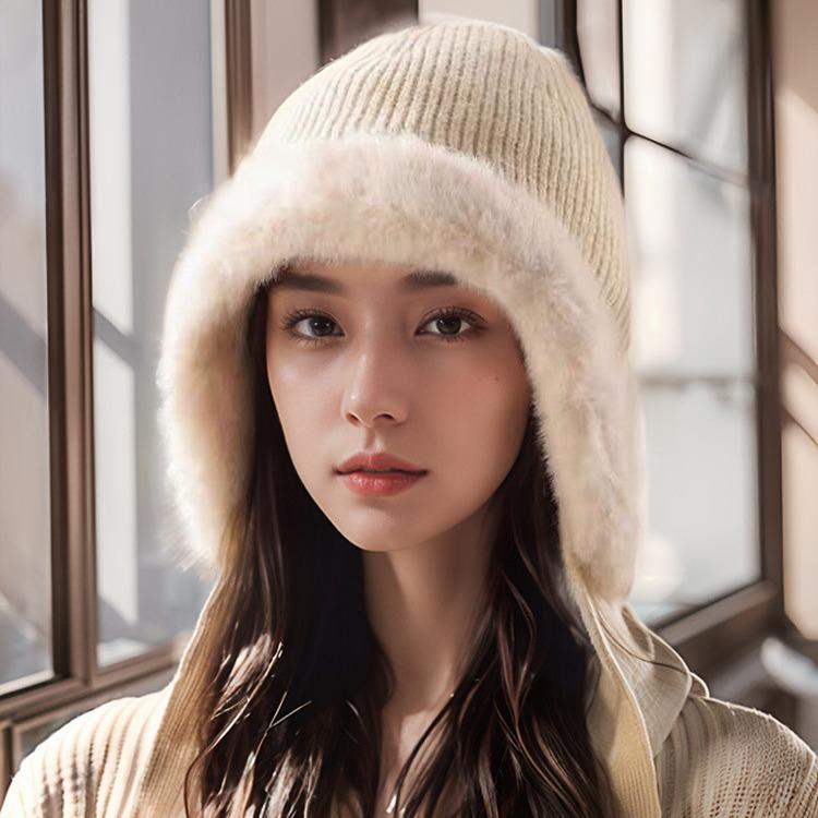 Korean Rabbit Fur Autumn and Winter Hats Women's Winter Knitted Ear Protecting Hats  Cycling Hats with Fleece  Windproof and Warm