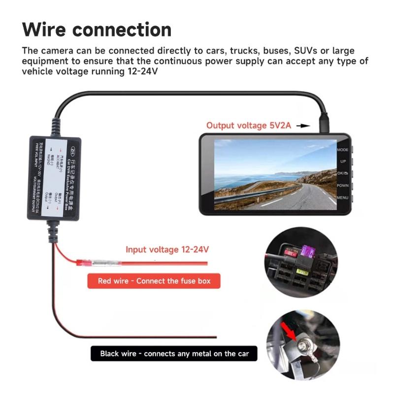 Car Charge Hardwire Cord Cable With Type-C DC 12V 24V to 5V 2A Auto Charging for Dash Cam Camcorder Vehicle DVR