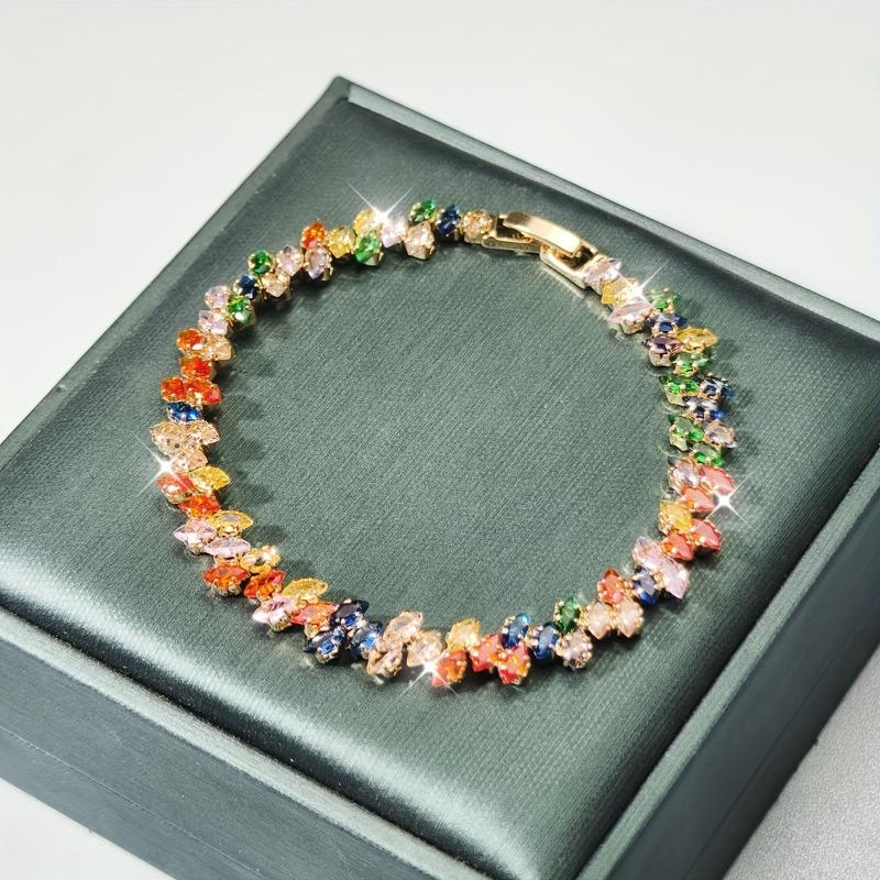 Marquise Multi-Color Cubic Zirconia Watch-Buckle Chain Bracelet for Women, Bohemian Style, Ideal for Daily & Party Wear, Perfect Gift