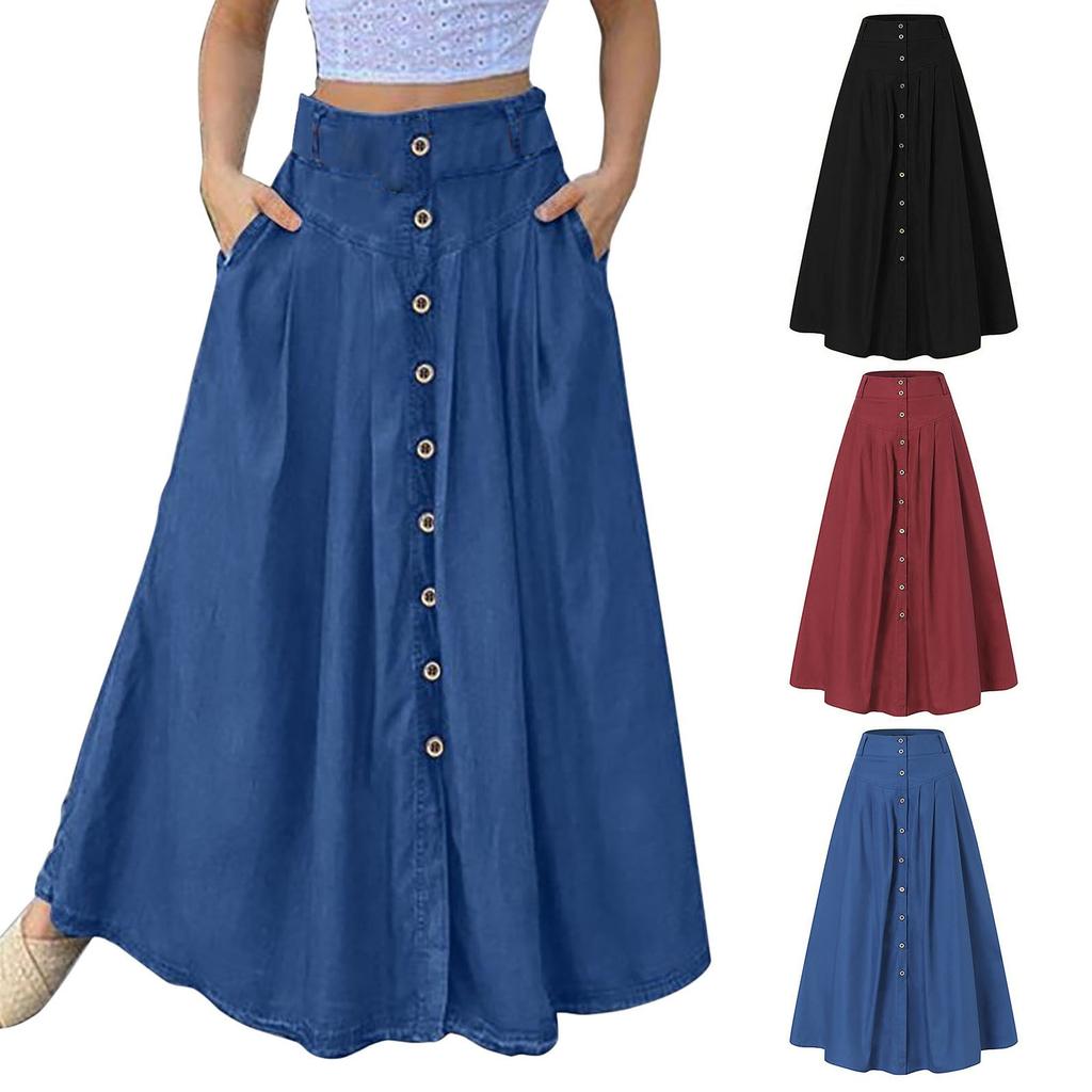 Bed Skirt Full Women's Spring and Summer Casual Loose Solid Color A Line High Waist Skirt with Pocket Buttons Colorful Skirt