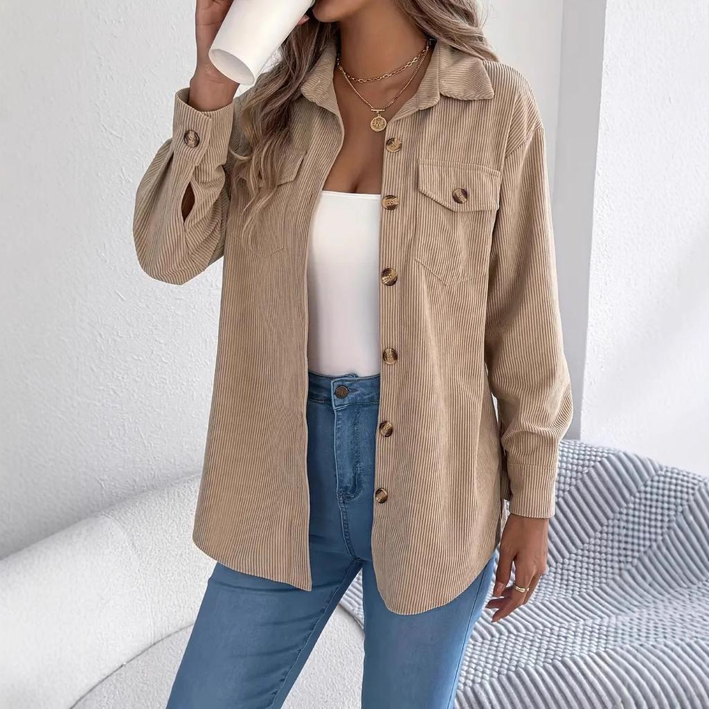 Solid Corduroy Long Sleeve Single Breasted Loose Fit Shirt Coat