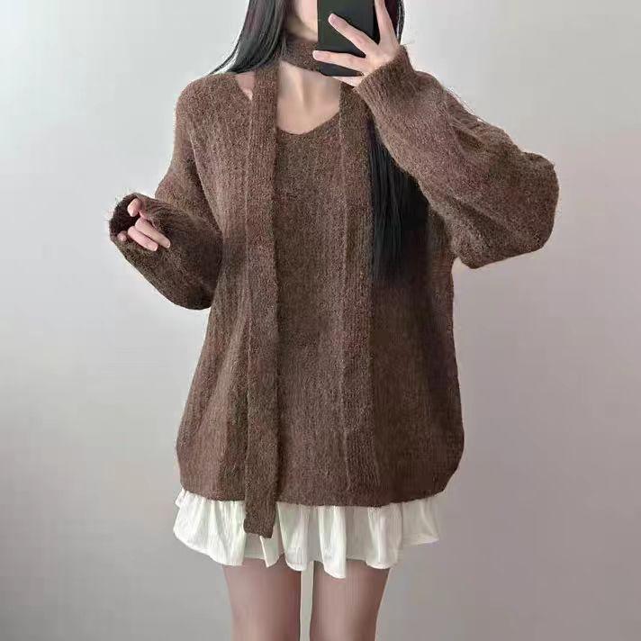 Autumn and Winter Solid Color V-neck Sweater with Scarf for Women Long Sleeved Knitted Sweater Top