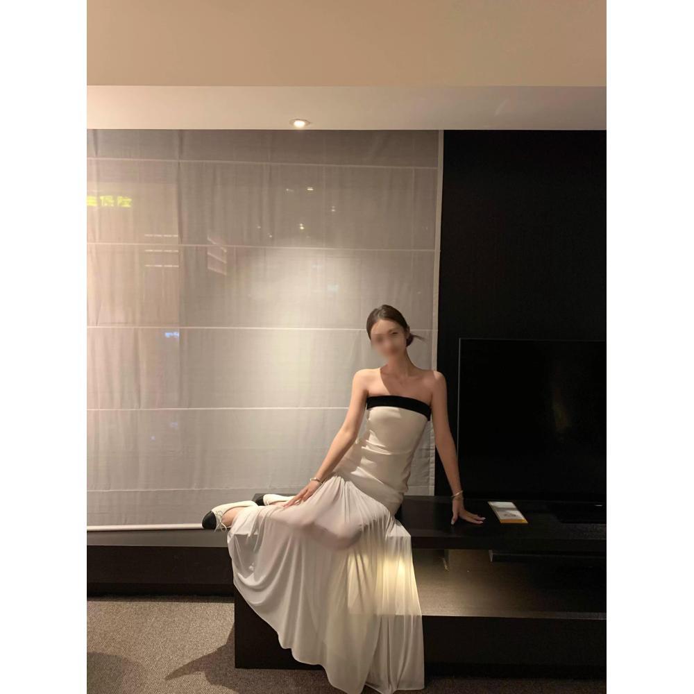 Bow beauty back sleeveless tube top dress women's summer splicing waist birthday skirt a word long dress