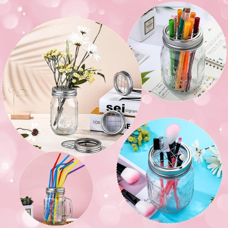 Organizer Lid Insert Flower Glass Bottle Covers Silver Lid with Straw Hole Square Grides Lid Suitable for Arrangements
