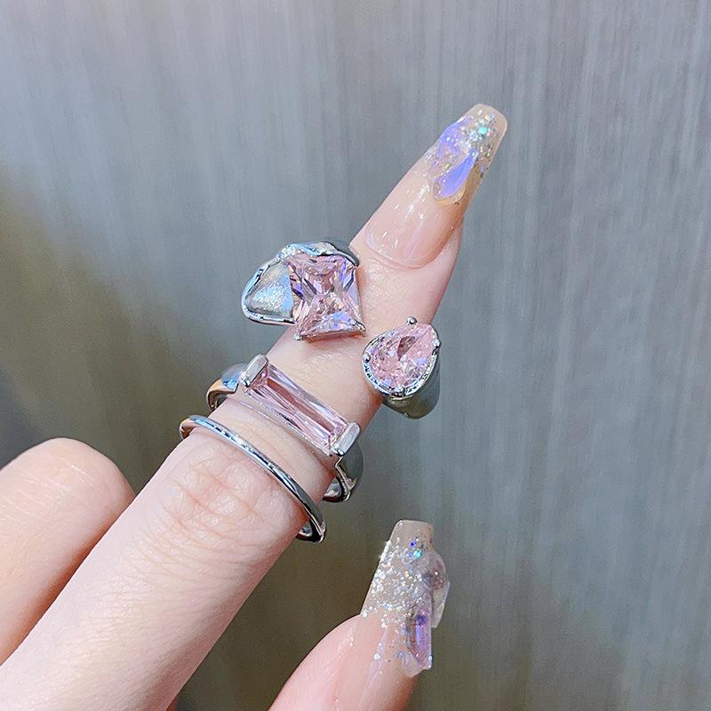 Pink Zircon Double-Layer Ring, Female Tide Light Luxury Niche Design, Ring Fashion Personality Opening Adjustable Index Finger Ring