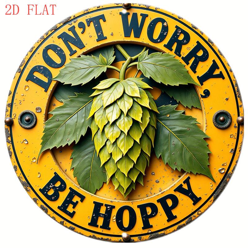 D Flat Vintage Hop Plant Wall Art D Flat Brewing Decor with Yellow Green Hop Cone Design Dont Worry Be Hoppy Sign 20x20cm(8x8inch)