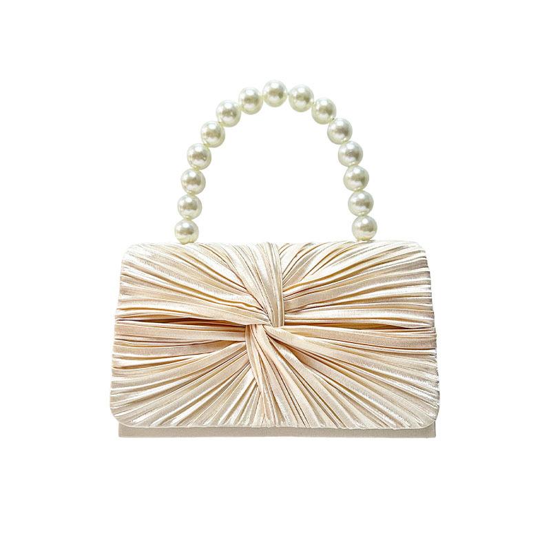 Women's Luxury Sweet Pleated Evening Bag Fashionable Pearl Handle Banquet Handbag Wedding Party Dress Bridal Dinner Clutches Bag