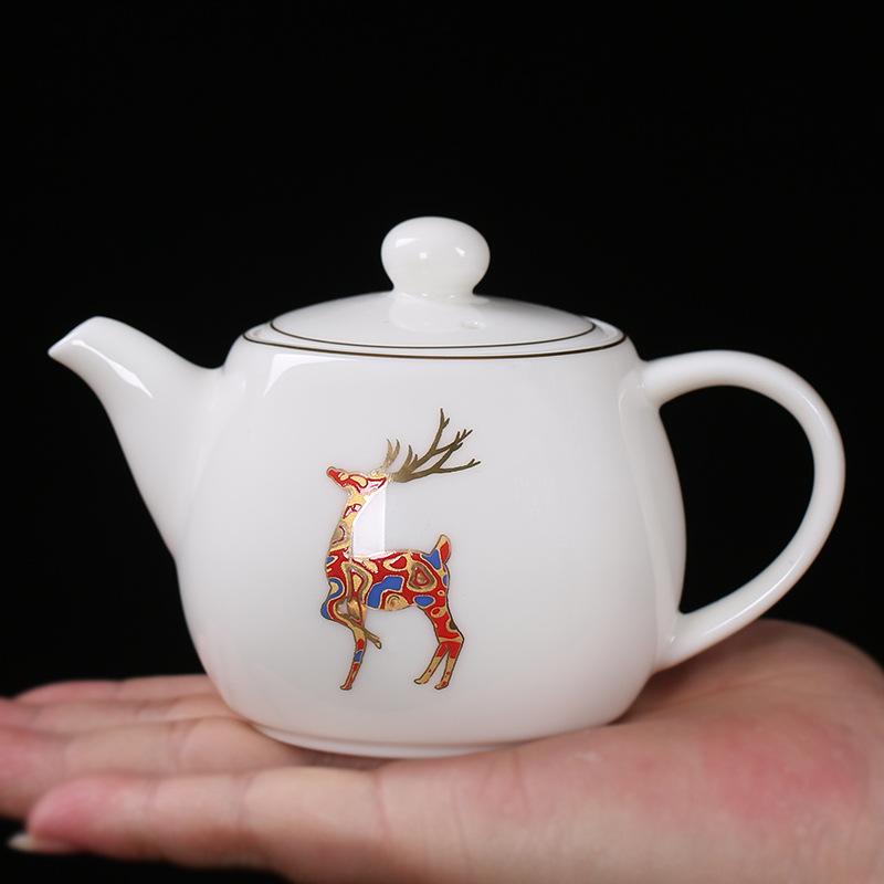 Gold-Embossed Dehua White Porcelain Sheep Fat Jade Teapot Internet Celebrity Large Lacquer Deer Companion Tea Brewing Filter