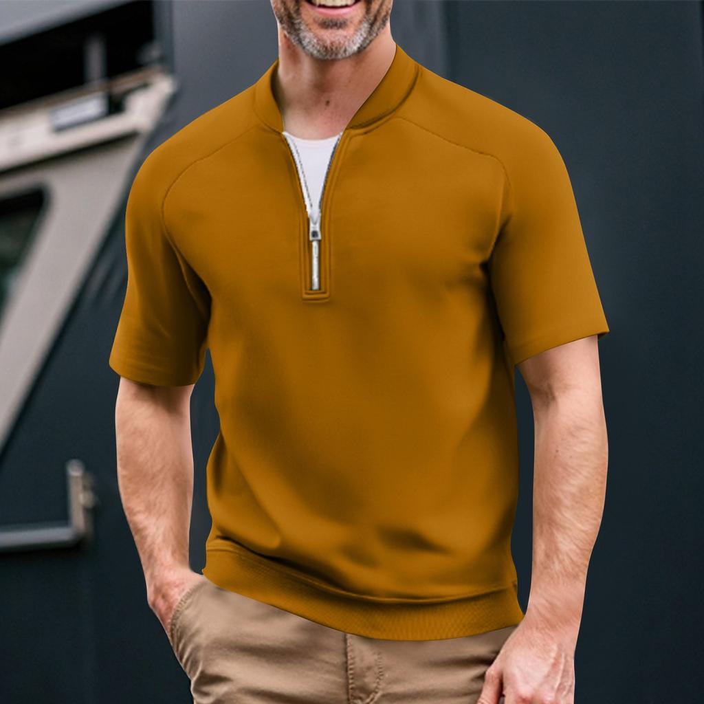 Men's Summer Solid Color Casual T-shirt Sports Breathable Zipper Collar Top