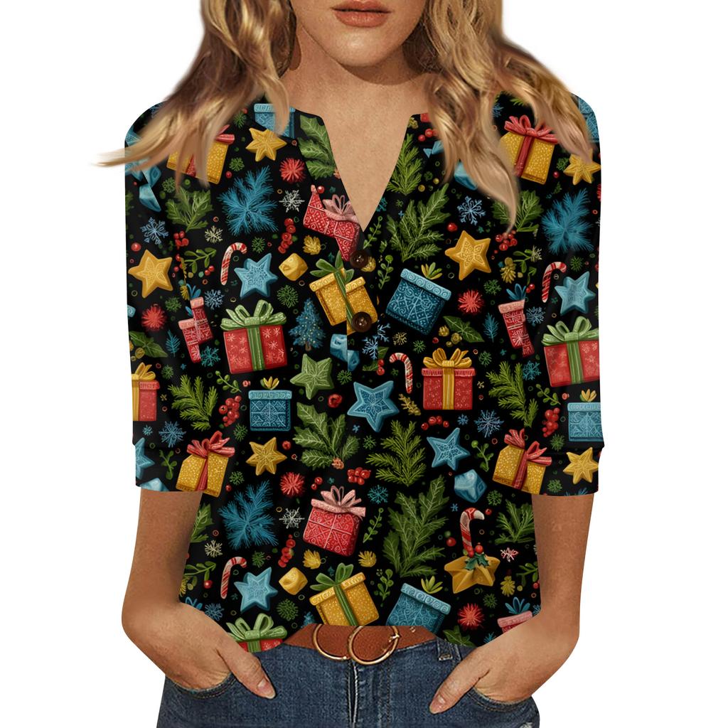 Women's T Shirt Print Button 3/4 Sleeve Daily Weekend Fashion Basic V- Neck Regular Top