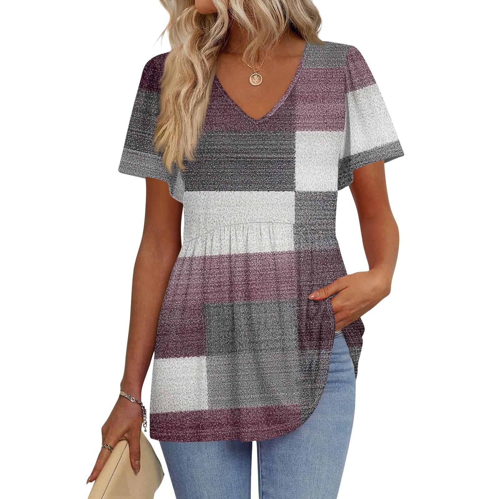 

Женские рубашки с коротким рукавом и оборками, повседневные наряды, модная футболка, топ S фиолетовый