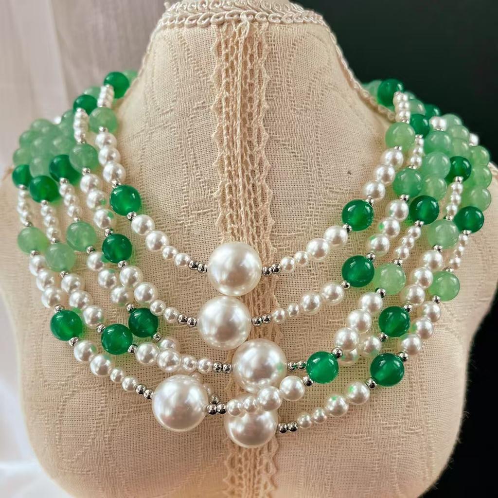 Vintage High Quality Artificial Crystal Pearl Natural Dongling Jade Necklace