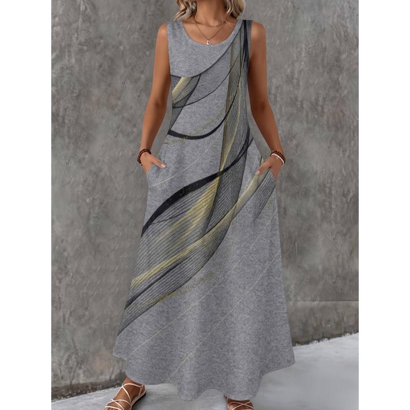 Dames mouwloze jurk met ronde hals en 3D-print, lange maxi-jurk voor zomerstrandvakantie, casual kleding