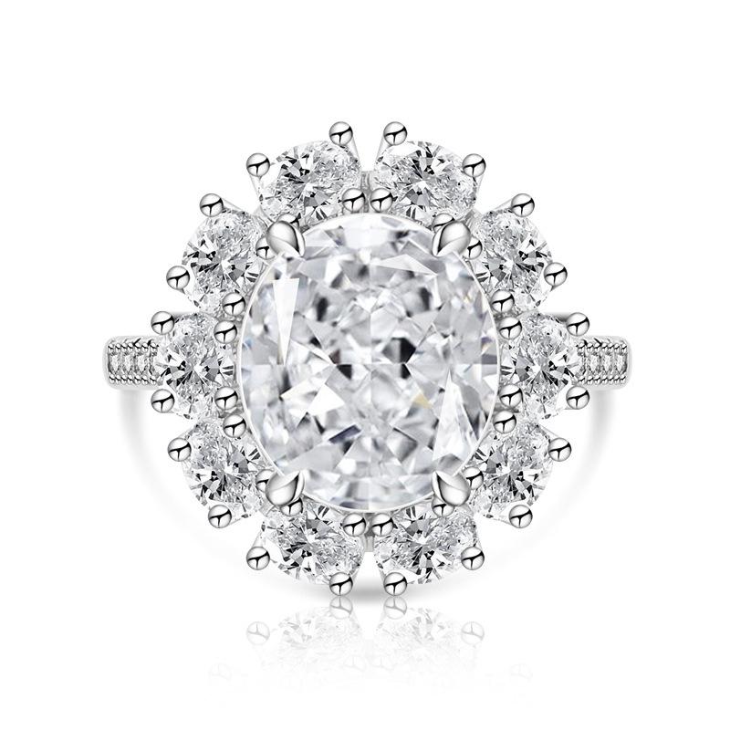 925 Sterling Silver Ice Flower Cut Sunflower Pigeon Egg Color Gem Ring Large Oval Cut High Carbon Diamond Band Women Party Jewelry
