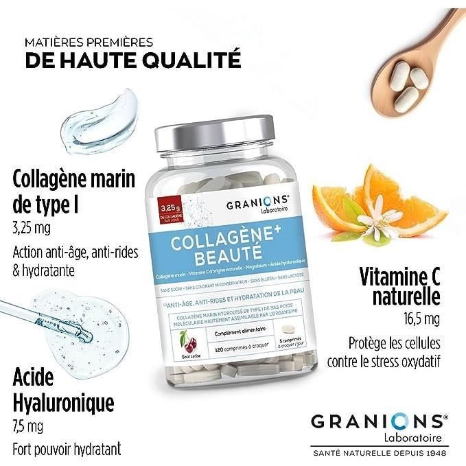Collagène+ Beauté GRANIONS | Collagène Marin| Acide Hyaluronique + Vitamine C + Magnésium | 120cp | Goût Cerise | Made In France