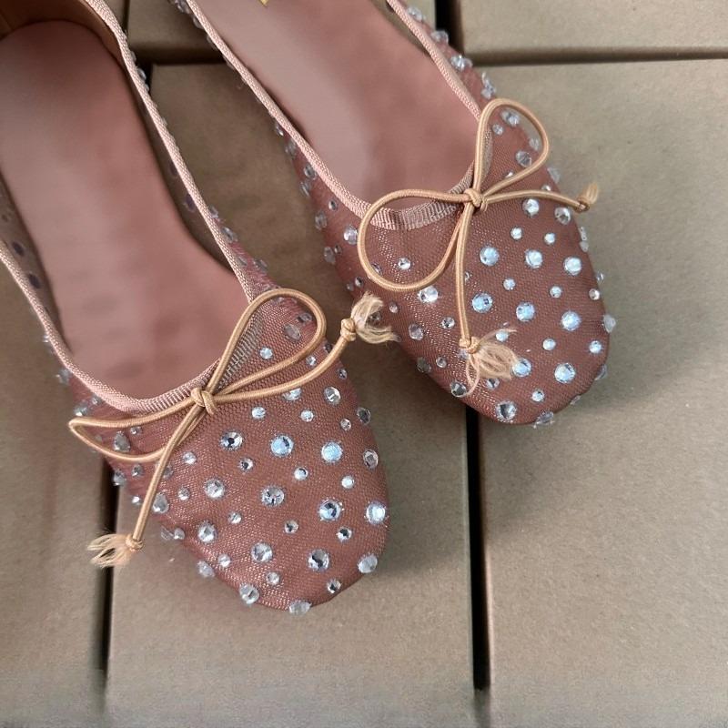 Fashion Summer Breathable Mesh Women Ballet Flats Bling Diamond Bow Decoration Soft Sole Brand Designer Leisure Ladies Mary Jane Shoes