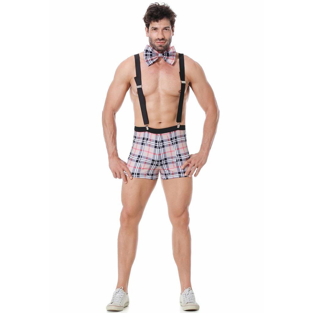 Men's fun plaid suspenders, sex underwear, funny role-playing anti-string male student uniform