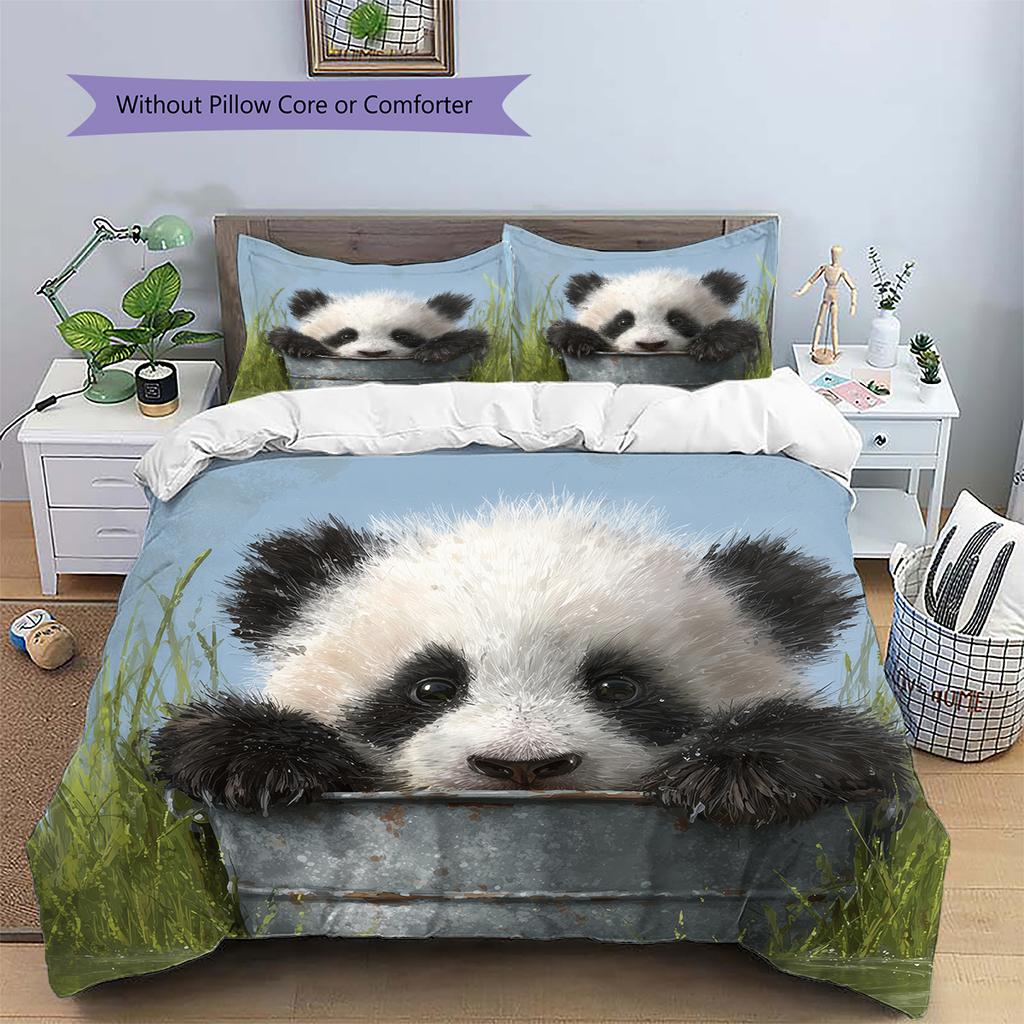 Panda and Grassland Pattern Bedding Home Decoration Birthday Gift (1 * duvet cover + 2 * pillowcase, without core)