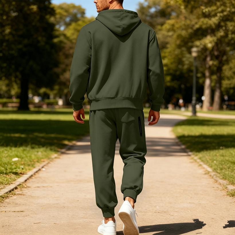 Ensemble de sport à capuche en polaire pour homme Automne Hiver Manches Longues Décontracté Fermeture éclair Thermique Confortable Respirant Vêtement d'extérieur