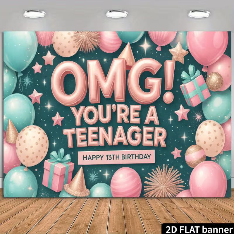 

2D Pink Teal 13th Birthday Backdrop - Glitter Balloon & Gift Banner for Teenager Birthday Photoshoot 47.2x31.5inch/120*80cm