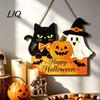 Halloween Party Background Props Door Sign with Hemp Rope Lanyard, Pumpkin Ghost Printed Hanging Decorative Plaque for Home Entrance Plaque,