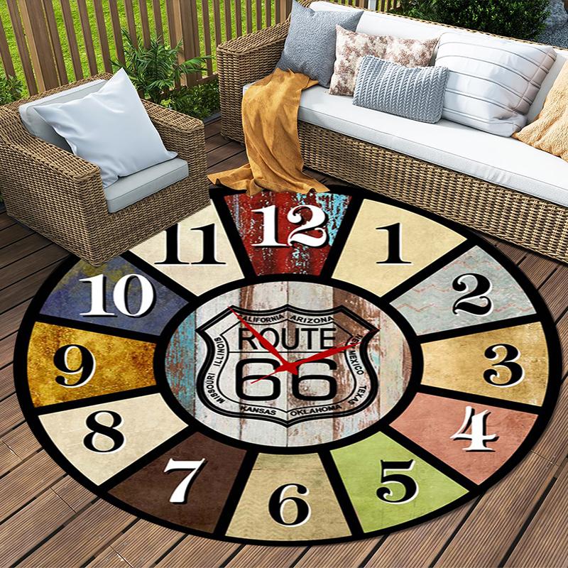 Clock Route 66 Round Area Rug,Carpet Rug for Living Room Bedroom Sofa Playroom Decor,Non-slip Floor Mat