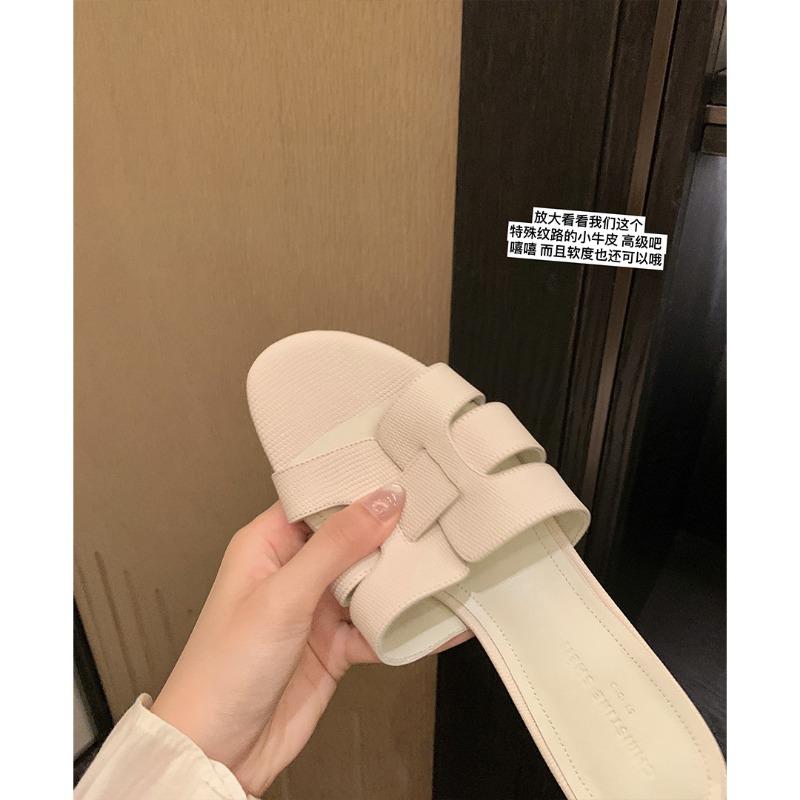 Sheepskin~ Lady dragging holiday wind woven slippers women's summer thick heel leather one-word cool slippers outside