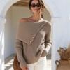 Women's Off Shoulder Long Sleeve Pullover Sweater with Loose Fit and Button