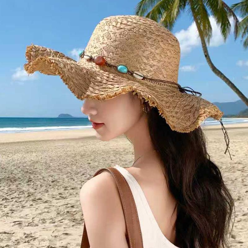 Wide-brimmed beaded sunshade straw hat for women, summer seaside vacation beach hat, fashionable face-shading French-style sun hat
